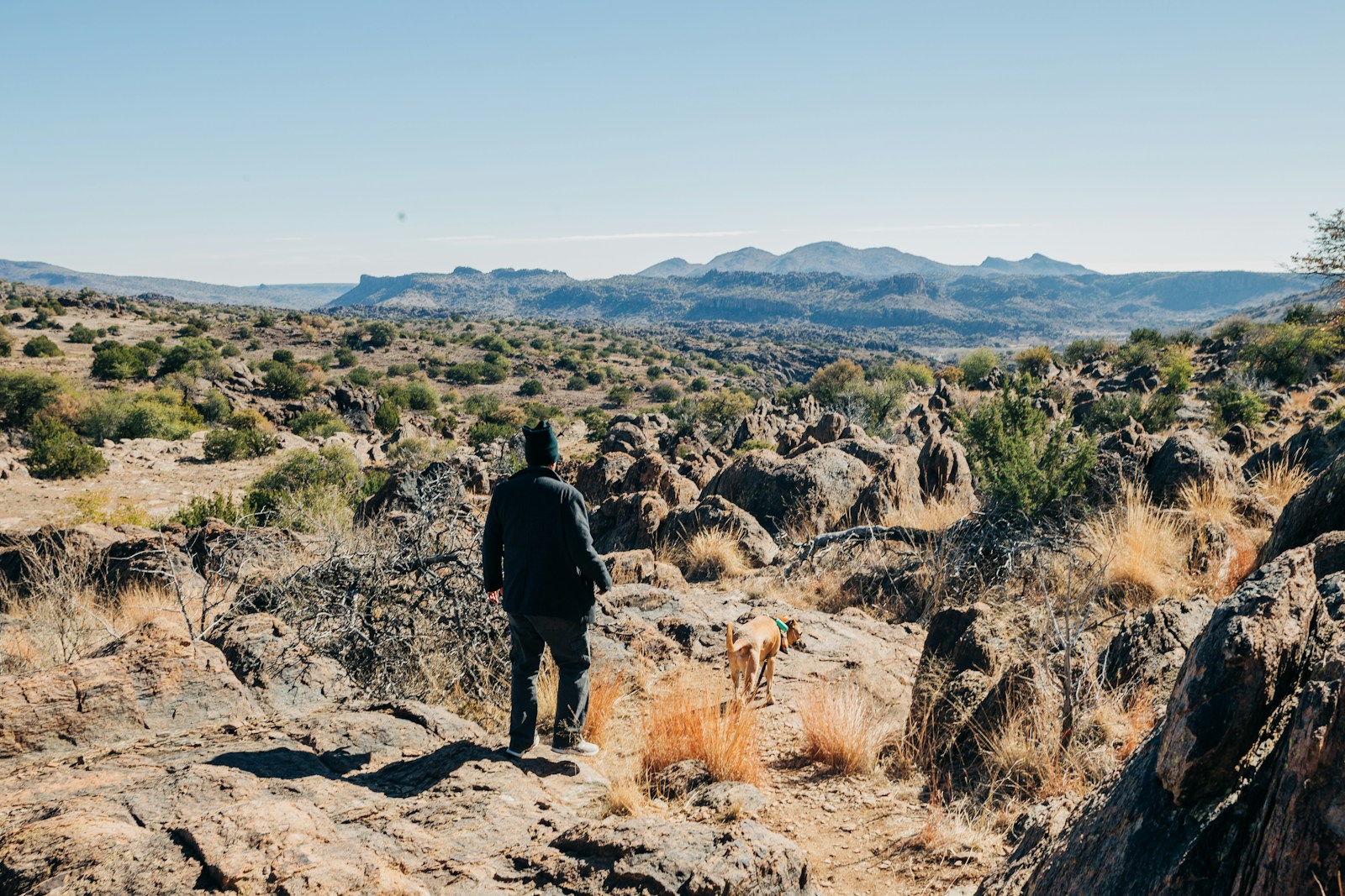 Senderismo pet-friendly. Hombre paseando con su mascota en el Desierto de los Leones.