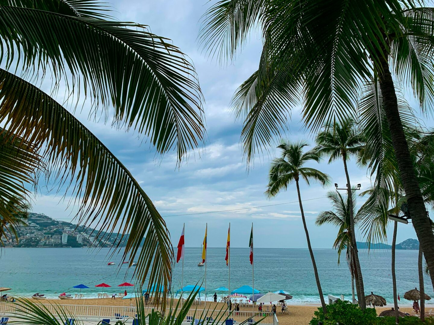 a view of a beach with palm trees and umbrellas