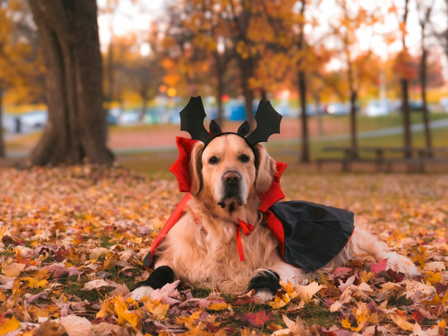 A dog wearing a costume laying in leaves